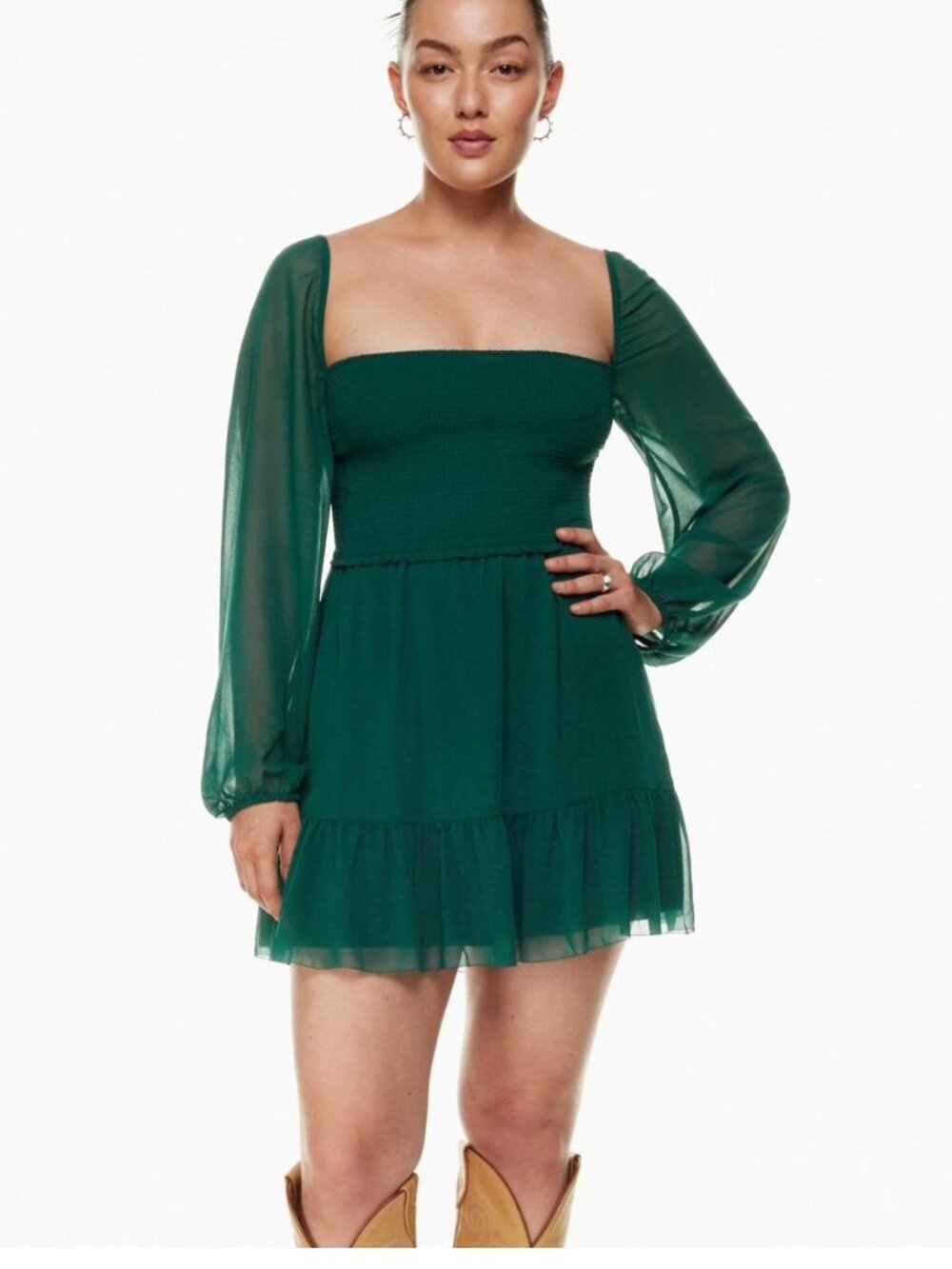 Wilfred Aritzia Tempest Smocked Chiffon Mini Dress Green